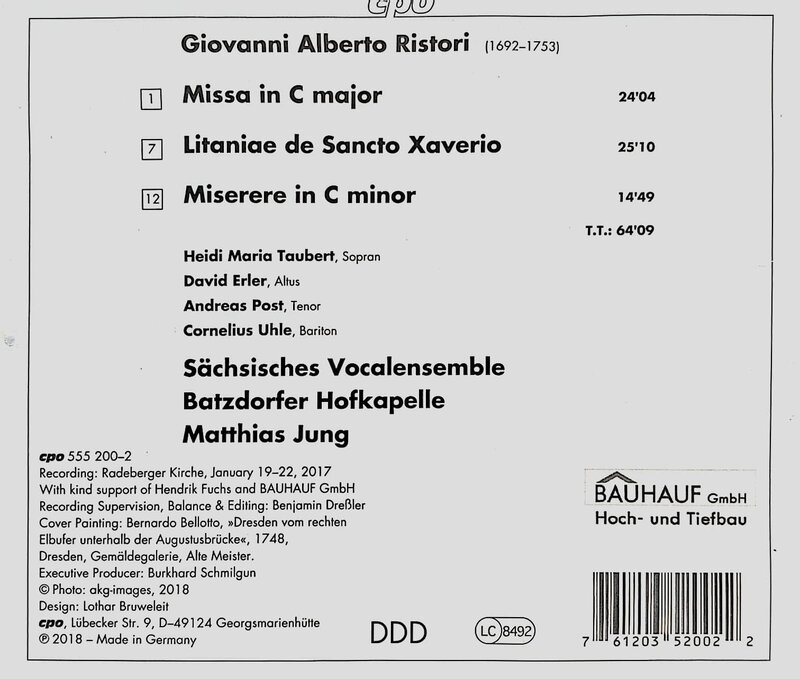 CD-Back: Giovanni Alberto Ristori: Missa, Litanei & Miserere