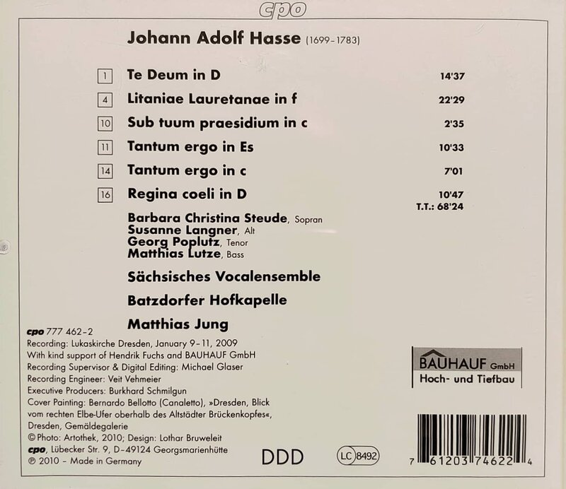 Back-Cover: 'Johann Adolph Hasse: Te Deum D-Dur'