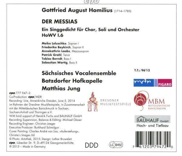 CD-Back: Gottfried August Homilius: Der Messias